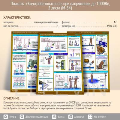 Плакаты «Электробезопасность при напряжении до 1000В» (М-64, 3 листа, А2)