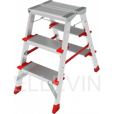 Профессиональная двухсторонняя алюминиевая  стремянка со ступенями 130 мм и складной площадкой 350×260 мм NV3127203