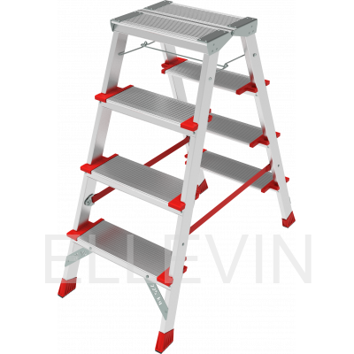 Профессиональная двухсторонняя алюминиевая  стремянка со ступенями 130 мм и складной площадкой 350×260 мм NV3127204